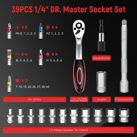 KOOPOOL 1/4” Drive Socket Set, 39pcs Mini Ratchet Set with S2 Bits & Metric Sockets (4–14mm), Compact Small Socket Wrench Kit for Home & Auto Repair, Mini Socket Set for Tight Spaces