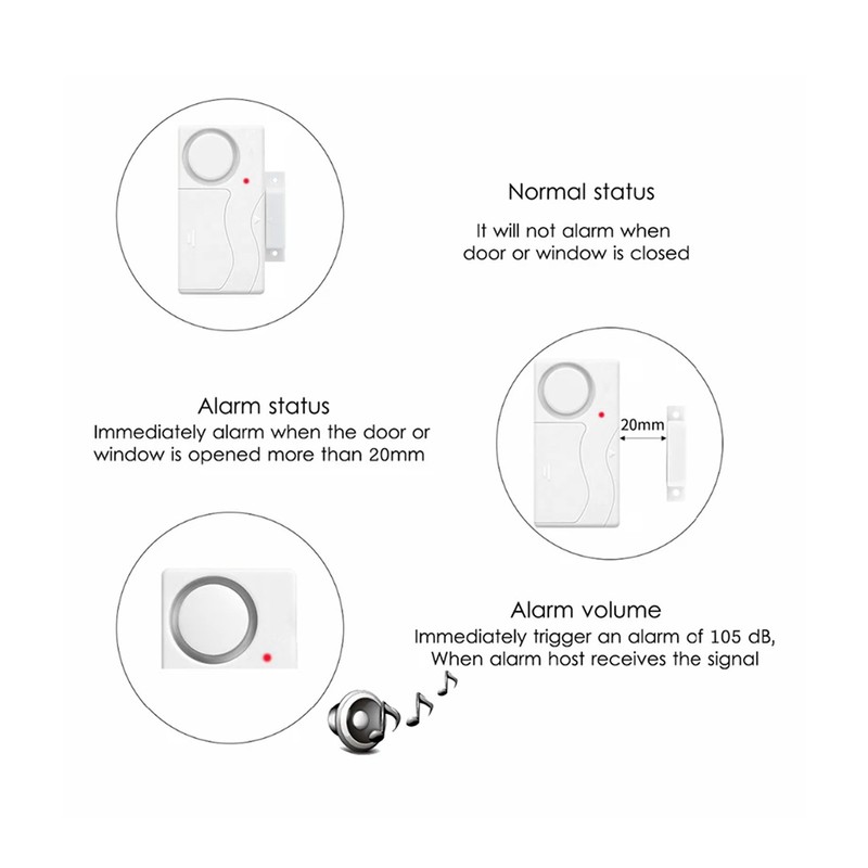 Door Open Sensor Alarm 105dB Low Battery Alert Doorbell Function