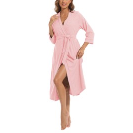 MAGIC ARMOR Women's Bathrobe Lightweight 3/4 Sleeve Dressing Gown Soft and V-Neck Kimono Robes Long Sleepwear with Pockets S-XXL, pink