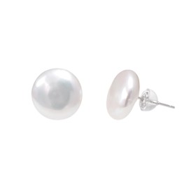 12-13 MM Freshwater Cultured Button Pearl Studs Earrings for Women, Sterling Silver Post Backing