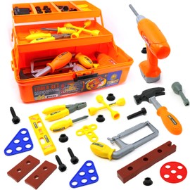 Big Mo's Toys Tool Box - Pretend Play STEM Three Tier Educational Tool Kit with Air Power Drill for Kids Toddler Gift of All Ages - 46 Piece Set