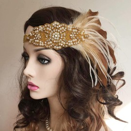 Asooll 1920s Feather Headband Gold Vintage Crystal Flapper Headpiece Gatsby Headdress Prom Head Accessories for Women and Girls