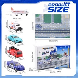 Aeroplane Toy for Children with Helicopter, Plane, Trucks, Signs, Fire Engines and Airport Play Mat, Parking Garage Playset Gift for Children 3+ Boys Girls