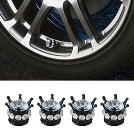 4PCS Crown Tire Valve Stem Caps - Bling Handmade Crystal Rhinestone Dustproof Cover Car Wheel Valve Caps - Attractive Chrome Crown Tire Air Cap Universal Stem Covers for Car SUV Truck (Black/Silver)