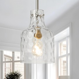 WILON WILON Modern Glass Pendant Lighting for Kitchen Island, Farmhouse Pendant Lights for Dining Room Kitchen Sink, Adjustable Hanging Ceiling Light 7" Hammered Glass Shade, Brushed Nickel Metal Finish