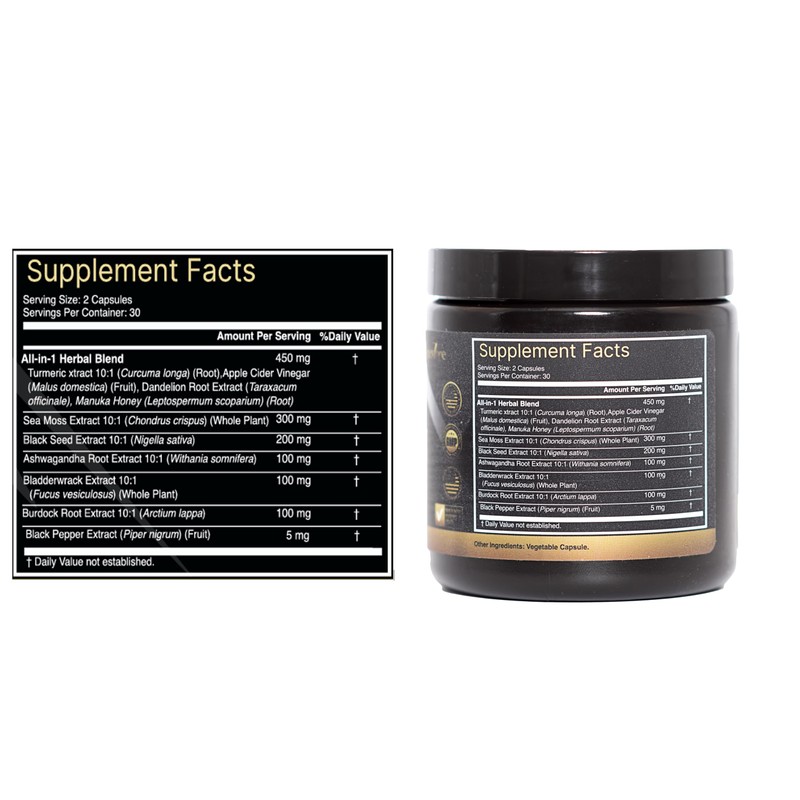 Sea Moss Blend. Black Seed Oil, Ashwagandha, Tumeric, Burdock with