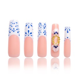 LOVFUL Press on Nails Porcelain Blue| Handmade with Full Covered Crystals| Reusable Fake Nails| Square Mid length 1.7in| H273-M