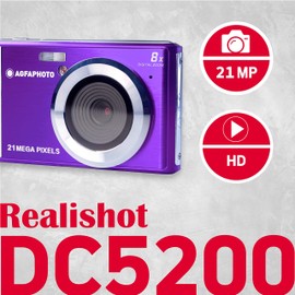 AGFA Photo Realishot DC5200 - Compact Camera, 21MP, 2.4 inch LCD Screen, 8X Digital Zoom, 720p HD Video, Lithium Battery, SD Cards, Scene Modes - Purple