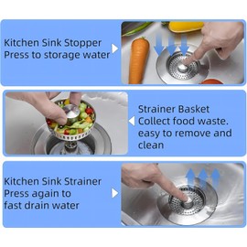 D-buy Upgraded All Stainless Steel 3 in 1 Kitchen Sink Drain Strainer, Pop Up Sink Stopper Combo, Anti Clogging Sink Food Catcher Basket, Fast Drainage Filter Sink Plug for US Standard 3-1/2" Drain