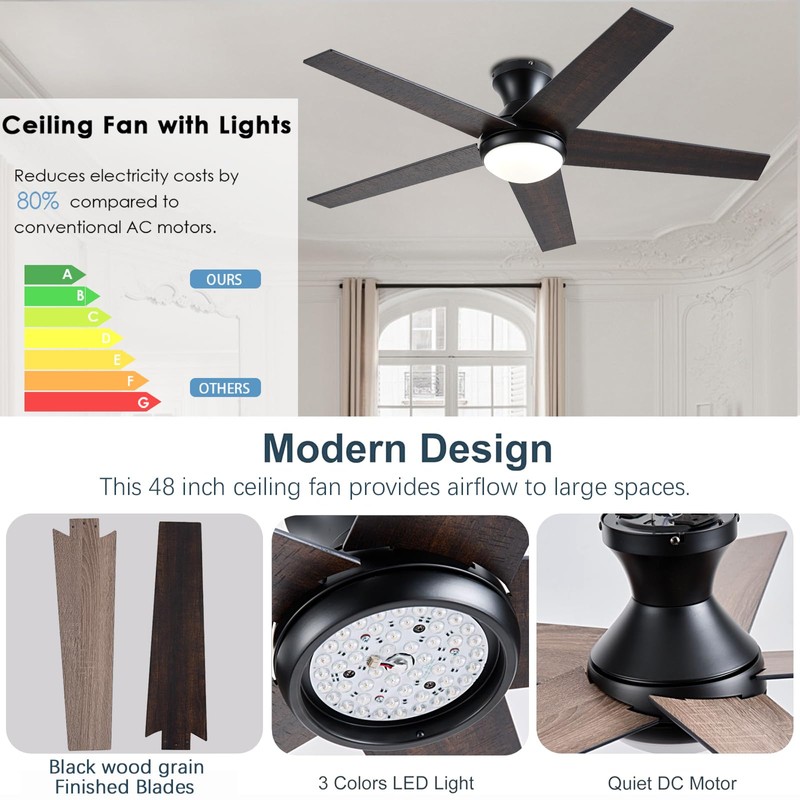 Ayaoty Ceiling Fans with Lights, 48 inch Low Profile Ceiling