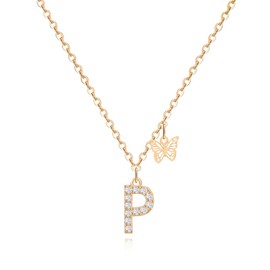 MJartoria Dainty Initial Necklace Butterfly Pendant Necklace, 14K Gold Plated Cubic Zirconia Letter Dainty Necklaces Jewelry Birthday Gifts for Women (Gold, P)