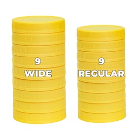 Bedgeta 18 Pack 9 Wide Mouth & 9 Regular Mouth Mason Jar Lids with Silicone Rings,Thickened Leak-proof Lids Fit Ball,Kerr and More, Yellow Plastic Lids, 86mm & 70mm Plastic Mason Jar Lids(Yellow)
