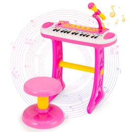 Costzon 31-Key Kids Piano Keyboard Toy, Toddler Electronic Musical Instrument Educational Toy w/Microphone, Multiple Sounds, Record Playback, Lights & Stool, Birthday Gift for Girls Boys Age 3+, Pink