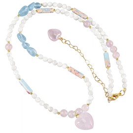 mookaitedecor Rose Quartz Heart Pendant Necklace Women Reiki Healing Pink Crystal Bead Necklace, Boho Layered Chakra Stone Bead Bracelet Colourful Jewellery Valentine Love Heart Gift for Her Mum Wife