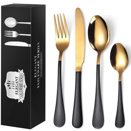24 Piece Black and Gold 18/0 Flatware Utensil Set for 6, Include Dinner Knife,Dinner Forks,Dinner Spoons,Teaspoons,Silverware Set for 6, Dishwasher Safe