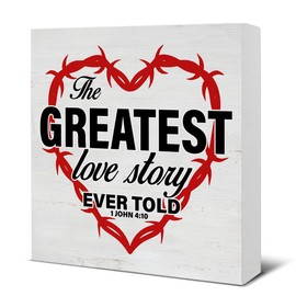 Farmhouse Religious the Great Love Story Wooden Sign Valentine's Day Decorations for Home Shelf Bible Verse Decor