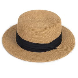 Straw Flat Top Sun-Boater-Hat for Men Women, Wide Brim Straw-Panama-Summer-Beach-Pork-Pie-Hats UPF 50+ (S/M)
