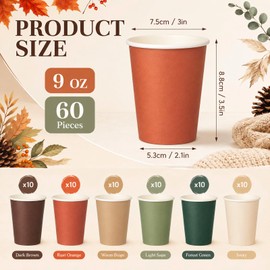 Fall Color Paper Cups 9 Oz Disposable Drinking Cups 60 Pcs Autumn Color Tea Party Cup for Thanksgiving Holiday Party Home Office Supplies