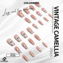 COLORBIRD Nail Tips, Long, 24 Pieces, Pink, Flowers, Nail Tips, Short, Cute, Ballerina (R758)