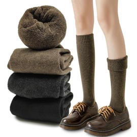 EUPSIIU 3 Pairs Cotton Knit Stockings Socks Fall Boot Socks for Women Girls, Long Calf Slouch Sock, Warm Winter Knee-High Socks Long Thermal Ladies Socks Thick Soft Socks (Polyester, 3 Colors)