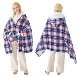 PTQ Electric Blanket Wearable Heated Shawl with Hood & Pockets – 6 Heat Settings, 4H Auto-Off, Flannel & Sherpa Reversible, Cozy Plaid Heated Throw Blanket for Home, Couch, or Gift, 40"x70", Pink
