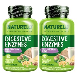 NATURELO Digestive Enzymes - Full Spectrum Support with a Broad Blend of 15 Enzymes Plus Ginger - 180 Vegan Capsules