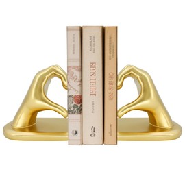 Heart Hands Book Ends for Shelves, Heavy Duty Resin Bookends for Office Bookshelf Decor, Gold Modern Home Decorative Book Holder for Study Room Hotel Shelves (1 Pair)