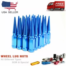 JJ 32 PCS GMC FORD CHEVY RAM 14X1.5 THREAD BLUE SPIKE LUG NUTS 4.5" TALL + KEY