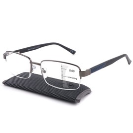 Missfive Mens Premium Multifocus Reading Glasses 0x on Top Blue Light Blocking, Far/Mid/Near Progressive Multifocal Readers Metal Frame with No Broken Spring Hinge Eyeglasses, 2.0x, Blue