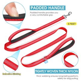 BAAPET Two Handle Dog Leash, Dual Soft Padded Handles with Traffic Control Handle Leash for Small Medium or Large Dogs (1.0'' x 5 FT, Red)