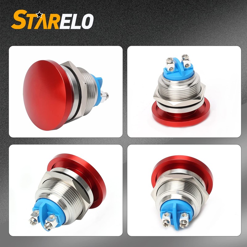 STARELO 22mm Momentary Push Button Switch Mushroom Head,Stainless Steel Metal