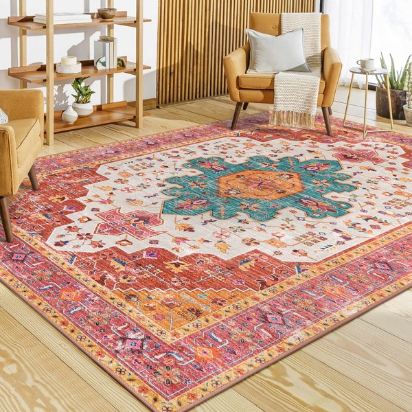 Moynesa Ultra-Thin Washable Pink Area Rug - 6x9 Large Boho for Girls Bedroom, Dining Room, Non-Shed Playroom, Office, Indoor Printed Boho Floor Carpet for Living Room Decor