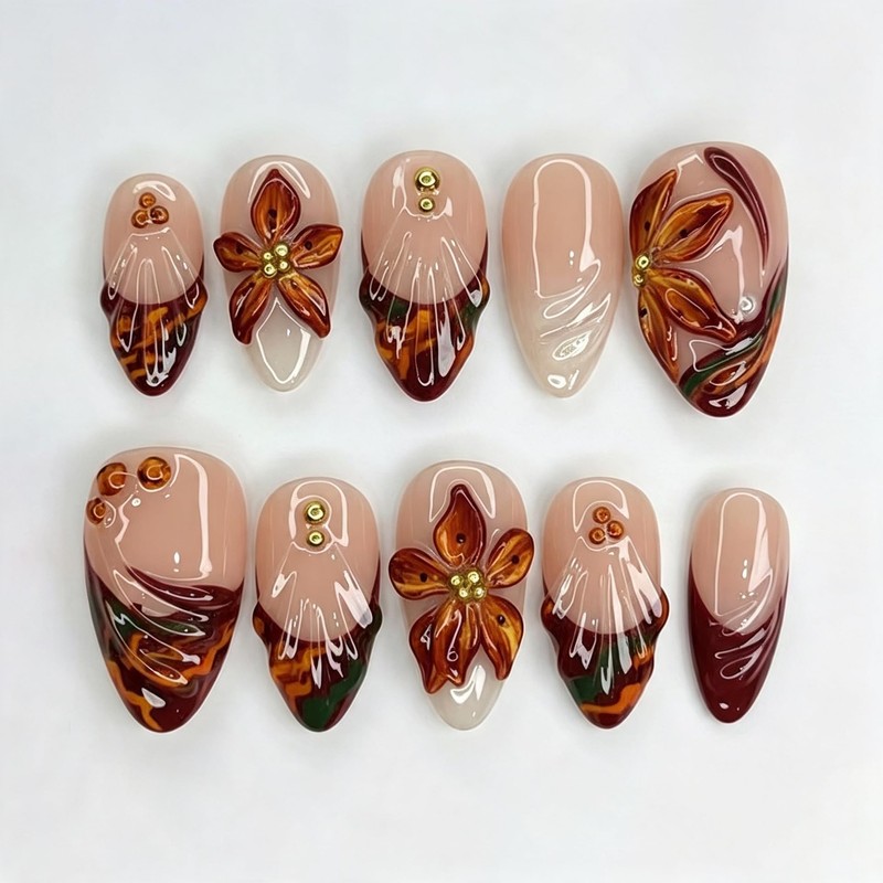 Thanksgiving Press on Nails Medium Almond Fake Nails 5D Brown