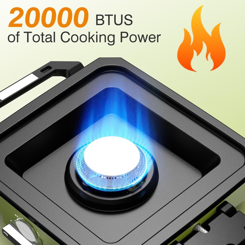 ODSD 2 Burner Camping Stove with Windshield, 20000 BTU Propane