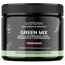 Quotidien Green Mix | Super Jugo Verde en Polvo con Matcha, Espirulina, Clorofila, Moringa, Melena de León, Probióticos y Más | Detox, Energía y Digestión | Sabor Frutos Rojos | 30 Porciones | Vegano