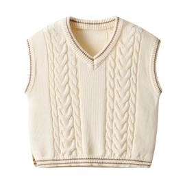 Auro Mesa Boys and Toddlers' Sweater Vest Cotton Knitted Streetwear Preppy Style V Neck Crop Knitwear Tank Top for Kids Beige
