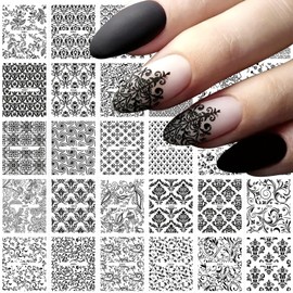 30 Sheets Black Flowers Nail Art Stickers 3D Self -Adhesive Black Floral Leaves Nail Decals Holographic Blossom Totem Nail Stickers Lace Flowers Nail Decals Decoration for Women Manicure Supplies