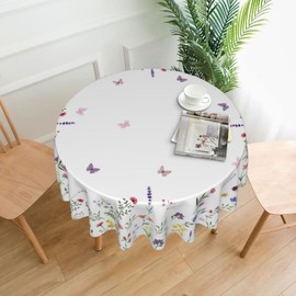 BYONEESS Spring Summer Floral Round Tablecloth 60 Inch Watercolor Flowers Floral Circle Table Cover Wildflower Butterfly Leaf Table Cloth for Farmhouse Kitchen Dinner Picnic Camping Party Outdoor