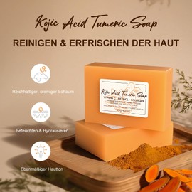 Soleneva Kojic Acid Turmeric Soap mit Schaumnetz - Pigmentflecken Entferner Gesicht - Kurkuma Seife für Reinigung, Reduzierung von Akne und Ölkontrolle - Kojisäure Naturseife für Gesicht und Körper