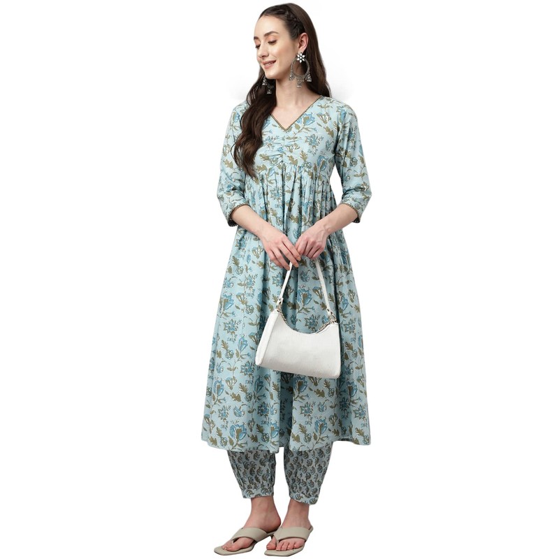 FIORRA Kurta acampanada de algodón puro con pantalón para mujer,