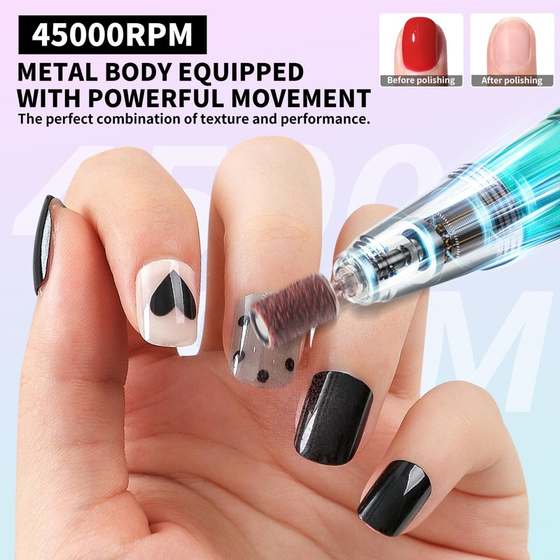 Cordless Nail Drill 45000 RPM, Rechargeable Electric Nail File Kit