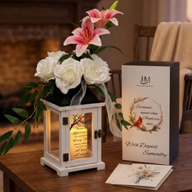 Memorial Lantern with Lily Rose Flower, Sympathy Gift for Loss of Loved One, Bereavement Funeral Gift in Memory of Mom Dad Husband Wife