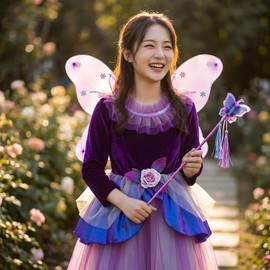 Moerstar Fairy Costume, Princess, Halloween, Flower Fairy Costume, Children, Witch Cosplay, Girls, Wand + Wings, Costume Set, Purple, Dress, Halloween, Events, Parties, Cultural Festivals, School