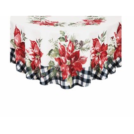 Newbridge Poinsettia Festivity Gingham Bordered Christmas Fabric Tablecloth, Holiday Red Poinsettia & Holly Print, Easy Care Stain Release, 60 x 84 Inch Oval