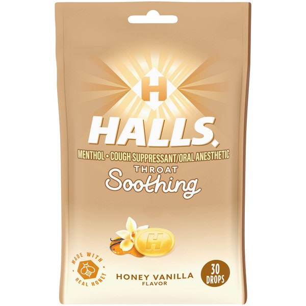 HALLS Throat Soothing Honey Vanilla Cough Drops, 30 Drops