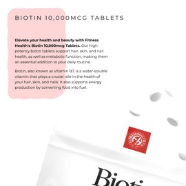 Fitness Health Biotin 10,000mcg 120 Tablets - Supplement for Hair, Skin, and Nails for Women & Men - Maximum Strength Pure Biotin - B Vitamin - High Strength Vegan Biotin - GMP Approved