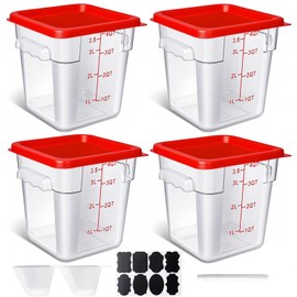 4 Pack 4QT Food Storage Containers with Red Lids, Clear Square Commercial Food Grade Storage Containers with Handles and Scales, BPA-Free Airtight Restaurant Container for Sourdough, Marinating Meat