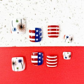 24pcs 4th of July Press on Toenails Short Square American Flag Fake Toe Nails Design Dandelion Glue on Nails Independence Day Star False Nails Stripe Patriotic Full Cover Stick on Nails for Women