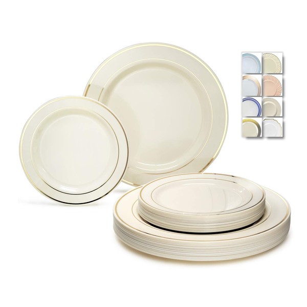 " OCCASIONS " 120 Plates Pack,(60 Guests) Heavyweight Premium Wedding Party Disposable Plastic Plates Set -60 x 10.5'' Dinner + 60 x 7.5'' Salad / Dessert (Ivory w/Gold Rim)