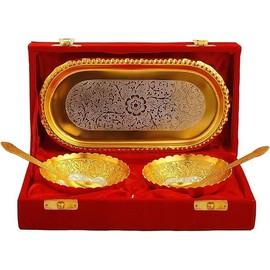 Gold and Silver Plated Bowl Spoon Tray Set with Red Velvet Box, Dessert Dry Fruit Serving